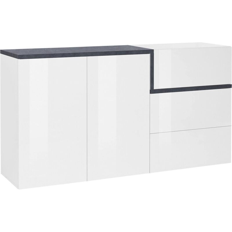 

Aparador Modern con 2 puertas y 3 cajones, Made in Italy, Aparador de cocina, Buffet de diseño de sala de estar, 150x40h80 cm, Blanco brillante y