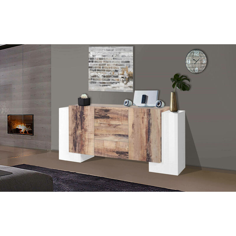 

Aparador Modern con 2 puertas y 3 cajones, Made in Italy, Aparador de cocina, Buffet de diseño de sala de estar, 210x45h85 cm, Blanco brillante y