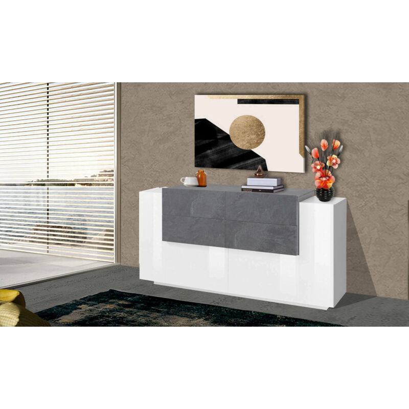 

Aparador Modern con 2 puertas y 4 cajones, Made in Italy, Aparador de cocina, Buffet de diseño de sala de estar, 160x45h86 cm, Blanco brillante y