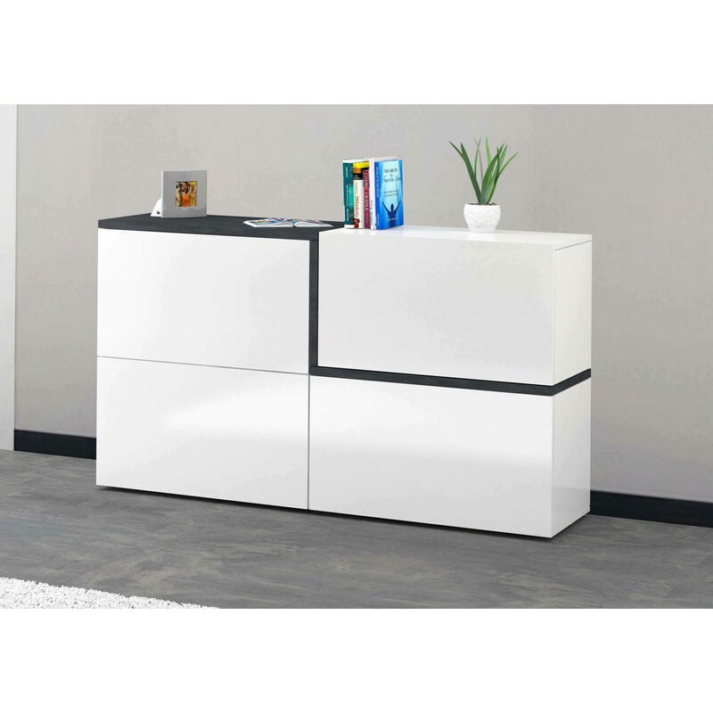 

Aparador Modern con 4 puertas abatibles, Made in Italy, Aparador de cocina, Buffet de diseño de sala de estar, 150x40h80 cm, Blanco brillante y Gris