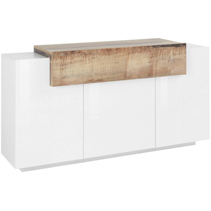 

Aparador Modern con 4 puertas con solapa, Made in Italy, Aparador de cocina, Buffet de diseño de sala de estar, 160x45h86 cm, blanco brillante y pera