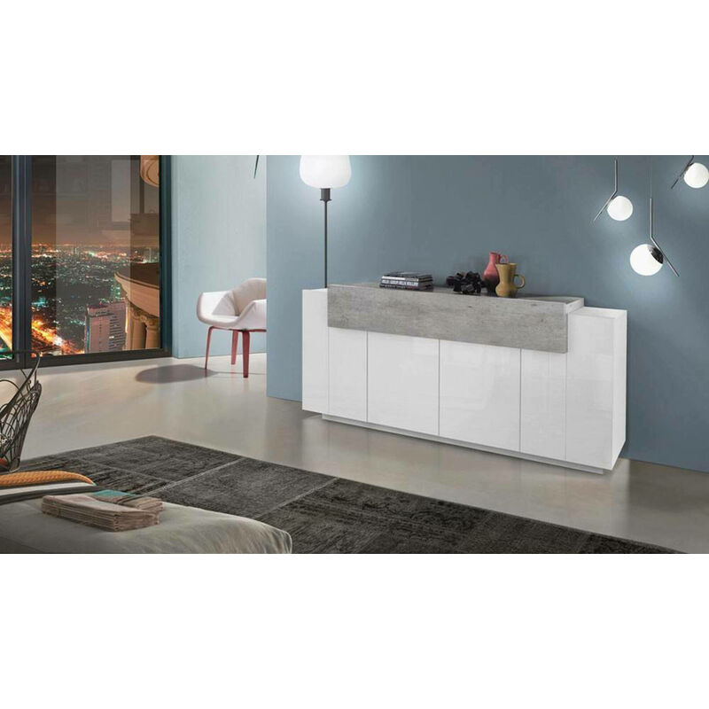 

Aparador moderno con 4 puertas, Made in Italy, Aparador de cocina, Buffet de diseño de sala de estar, cm 200x45h86, Color blanco brillante y cemento