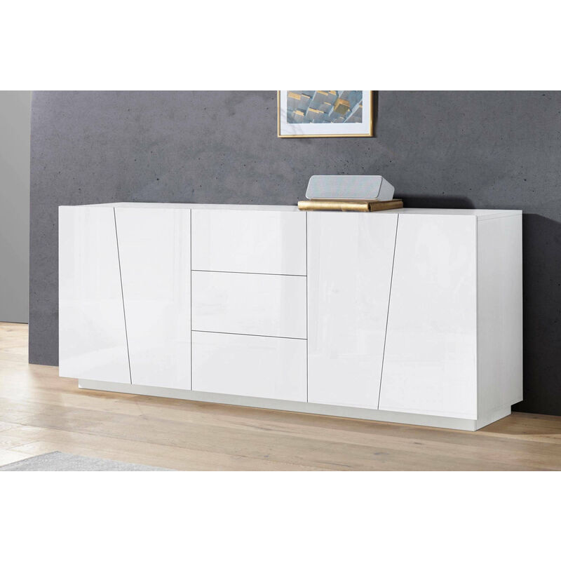 

Aparador Modern con 4 puertas y 3 cajones, Made in Italy, Aparador de cocina, Buffet de diseño de sala de estar, 220x43h86 cm, color blanco brillante