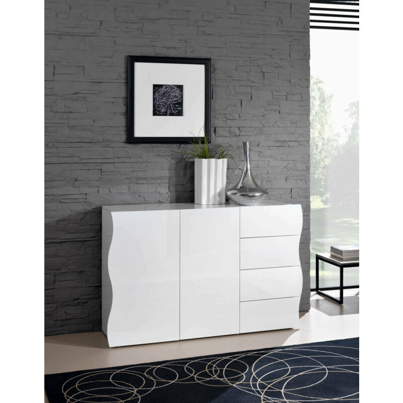 

Aparador Wavy, Aparador de diseño con 2 puertas y 4 cajones, Made in Italy, Mueble de televisión, Buffet de salón, cm 124x40h81, color blanco