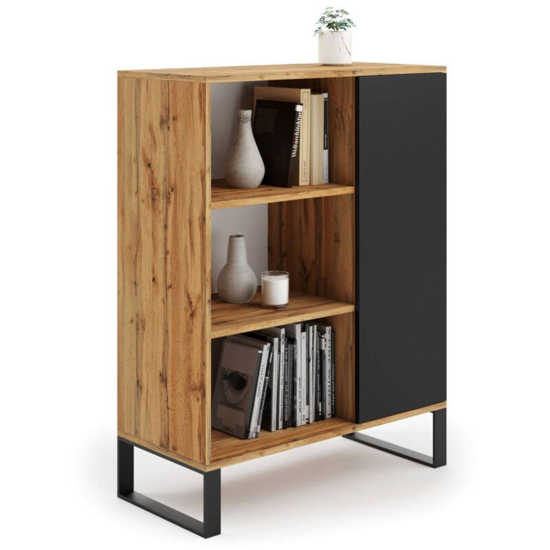 

Aparador industrial con 1 puerta y 2 estantes, Buffet con patas de metal, Aparador de salón, Librería con estantes, 40x90h116 cm, Color negro y arce