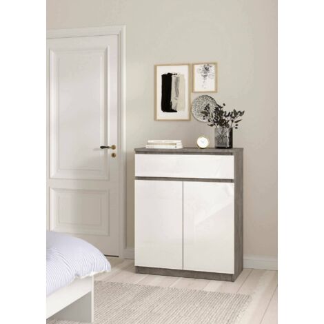 Dmora - Aparador Julienne, Bufé de salón, Aparador de salón, Despensa de cocina, 80x40 h100 cm, Cemento y Blanco brillante