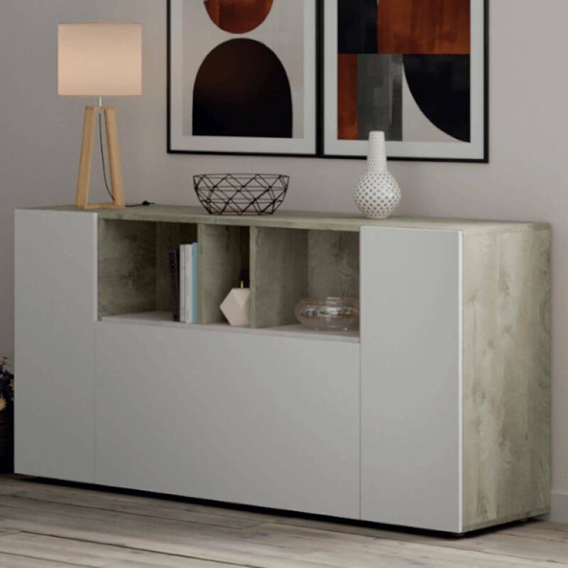 

Aparador moderno blanco, 3 puertas batientes, con compartimentos abiertos, salón buffet con 3 puertas batientes, mueble para TV, 150 x 76 x 41 cm,