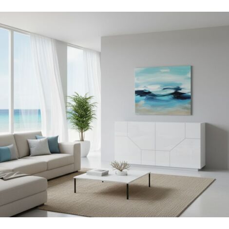 Dmora Aparador moderno con 4 puertas geométricas, Made in Italy, Aparador de entrada, Buffet de diseño de salón, Cm 200x43h86, Blanco brillante, con embalaje reforzado