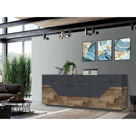 Dmora Aparador moderno con 4 puertas geométricas y 3 cajones, Made in Italy, Aparador de cocina, Buffet de diseño de salón, Cm 220x43h86, Pizarra y Arce, con embalaje reforzado