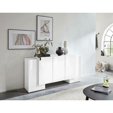 Dmora Aparador moderno de 5 puertas, Made in Italy, Aparador de cocina, Buffet de diseño de sala de estar, 170x45h85 cm, color blanco brillante, con embalaje reforzado