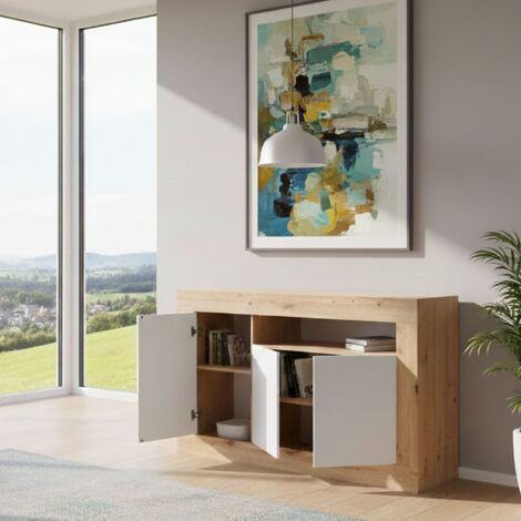 Dmora Aparador Thornton, Aparador moderno con 3 puertas, Mueble TV salón buffet, cm 144x42h87, Roble anudado y Blanco, con embalaje reforzado
