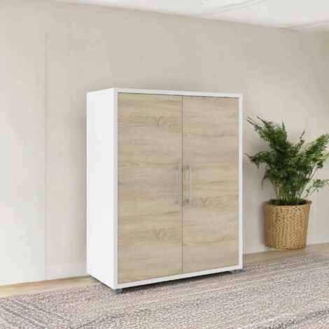 Dmora - Aparador Warszawa, Bufé de salón, Aparador de salón, Despensa de cocina, 89x40 h113 cm, Blanco y Roble
