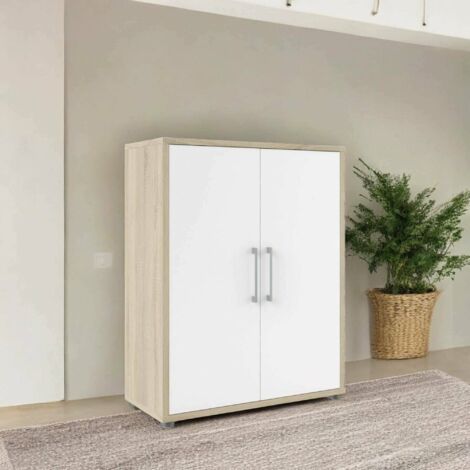 Dmora - Aparador Warszawa, Bufé de salón, Aparador de salón, Despensa de cocina, 89x40 h113 cm, Roble y Blanco