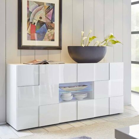 Dmora - Aparador Zerba, Bufé de salón, Aparador de salón, Despensa de cocina, Made in Italy, 181x43 h84 cm, Blanco brillante