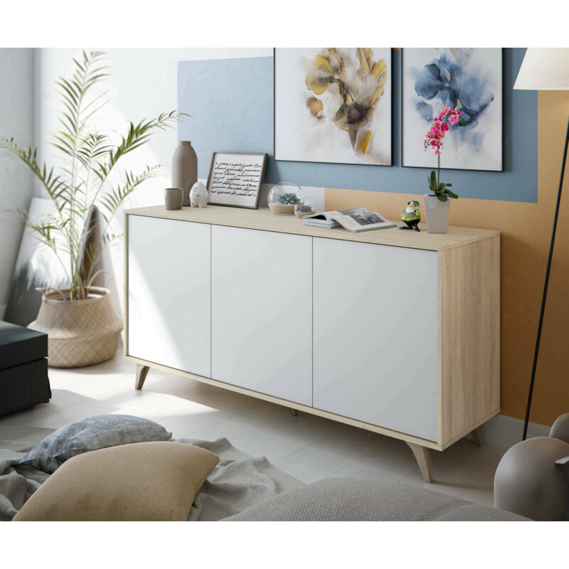 

Dmora Aparador moderno con 3 puertas y estantes, aparador de cocina, salón de diseño buffet, 154x40h75 cm, color roble y blanco