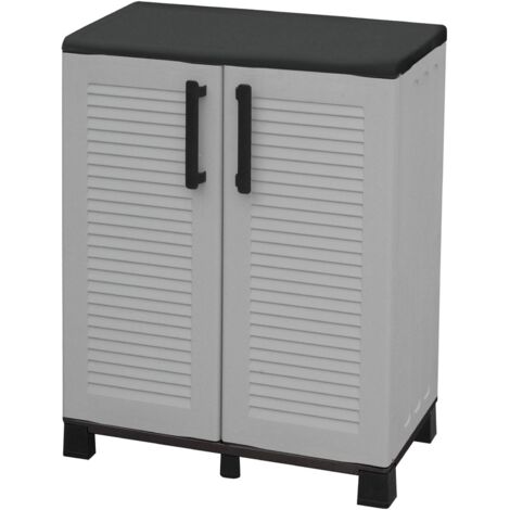 Dmora - Armadio da esterno Anthony, Armadio balcone multiuso, Mobile outdoor 2 ante, 100% Made in Italy, 68x37h90 cm, Grigio chiaro e Nero, Finitura righe