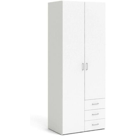 Dmora Armadio guardaroba a due ante e tre cassetti, colore bianco, Misure 77 x 200 x 49,5 cm