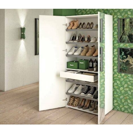 Dmora Armadio multiuso a 1 anta con specchio, 100% Made in Italy, Mobile portascarpe con 1 cassetto e 6 ripiani interni, Scarpiera moderna, cm 72x37h195, colore Cemento e Bianco, con imballo rinforzat