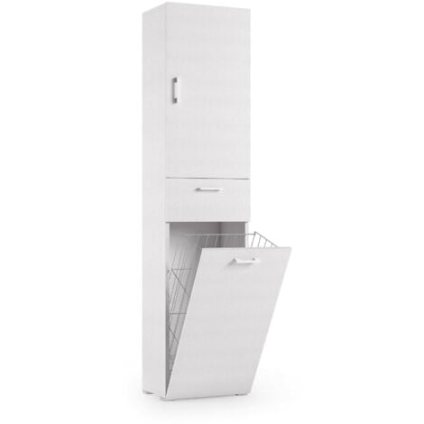 Dmora Armadio multiuso Escolzia, Mobile lavanderia lineare a 2 Ante, Colona da bagno con cestello portabiancheria, 100% Made in Italy, Cm 45x32h195, Bianco, con imballo rinforzato