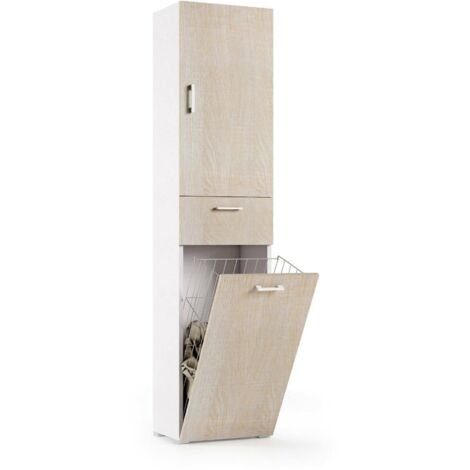 Dmora Armadio multiuso Escolzia, Mobile lavanderia lineare a 2 Ante, Colona da bagno con cestello portabiancheria, 100% Made in Italy, Cm 45x32h195, Rovere e Bianco, con imballo rinforzato