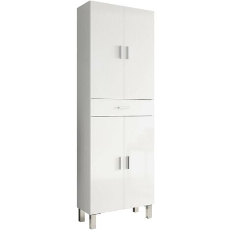 Dmora Armadio multiuso Oxnard, Mobile per bagno o lavanderia a 4 ante e 1 cassetto, Armadio multiuso portascarpe, cm 60x29h182, Bianco lucido