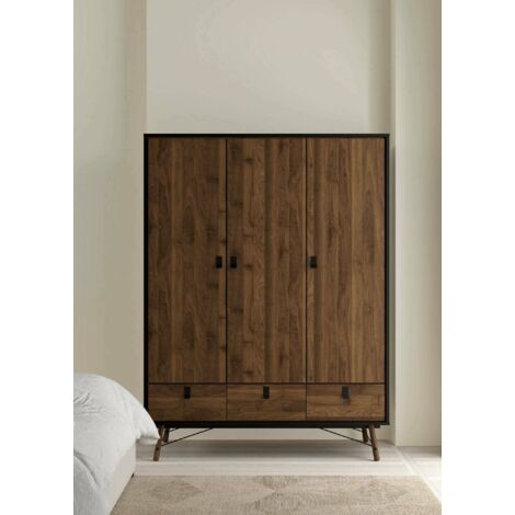 Dmora - Armario 3 puertas Augustine, Muebles de dormitorio, Vestidor, Armario de ropa, 150x60 h200 cm, Negro y Nogal