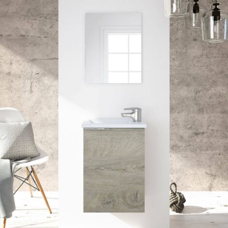 Dmora - Armario bajo encimera Dlott, Mueble de baño suspendido, Armario con 1 puerta con espejo y lavabo, 40x22h58 cm, Roble