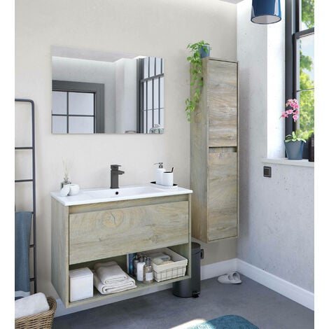 Mueble bajo lavabo Dosori, Mueble bajo lavabo, Mueble de baño con espejo,  Lavabo no incluido, 80x45h80 cm, Blanco brillo y roble