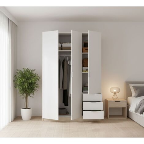 Dmora - Armario Cimone, Perchero para dormitorio, Armario con 3 puertas batientes y 3 cajones, 121x52h184 cm, Blanco y Roble