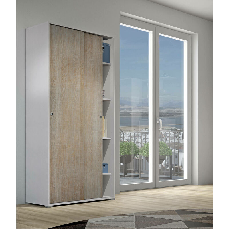 

Armario con 2 puertas correderas y 4 estantes, 100% Made in Italy, Armario de dormitorio moderno, 90x45h195 cm, Color Blanco y Roble - Dmora