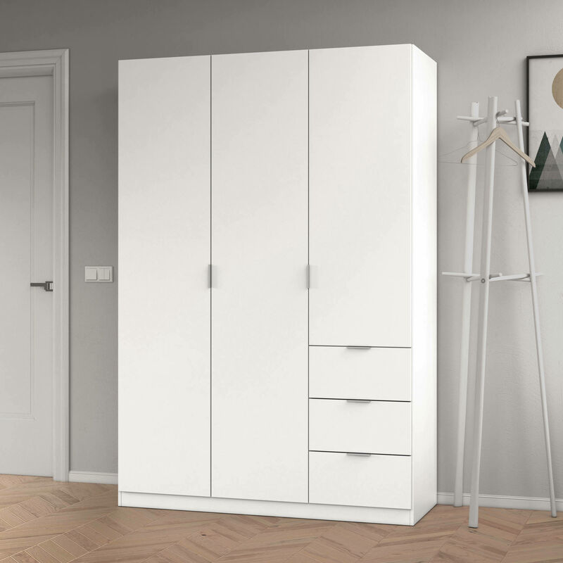 

Armario con tres puertas batientes y tres cajones, 135 x 200 x 52 cm, color blanco - Dmora