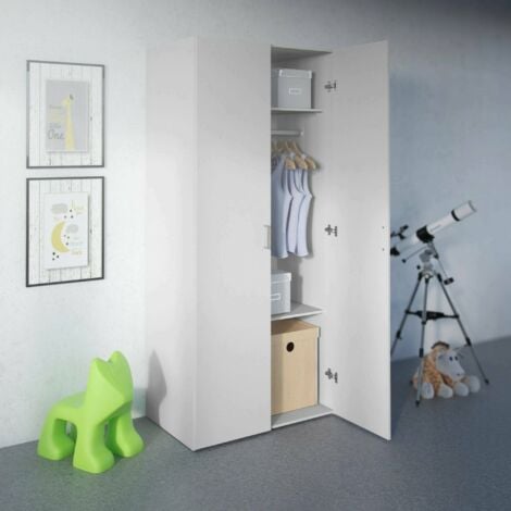 Dmora Armario de dos puertas batientes con dos baldas interiores y barra de colgar, color blanco, Medidas 77 x 175 x 49 cm, con embalaje reforzado
