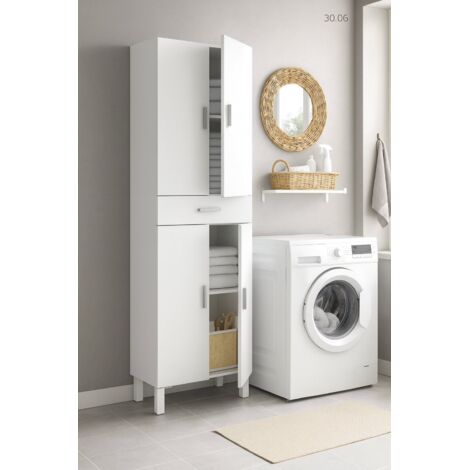 Dmora - Armario multifunción Dlobotk, Mueble para baño o lavadero de 4 puertas y 1 cajón, Zapatero multiusos, 60x29h182 cm, Blanco brillante