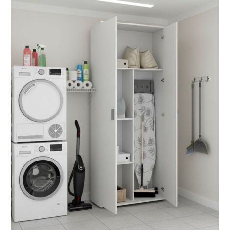 Dmora - Armario multiusos Ddeiol, Mueble portaescobas multifuncional, Armario con 2 puertas, 78x35h190 cm, Blanco