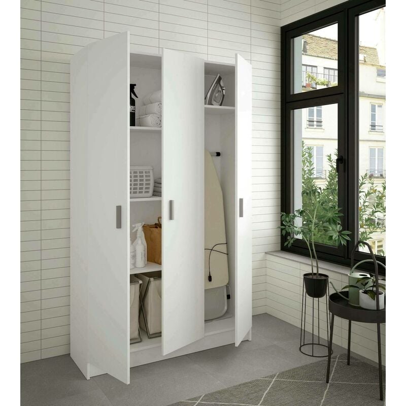 

Armario multiusos color blanco, con tres puertas y cuatro baldas regulables, medidas 180 x 109 x 37 cm - Dmora