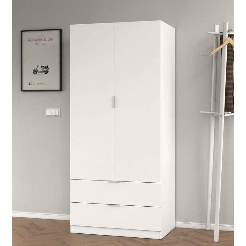 Armoire à deux portes battantes et deux tiroirs, couleur blanche, cm 81,5 x 180 x 52 - Dmora