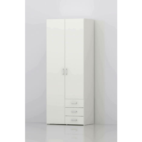 Dmora Armoire à deux portes et trois tiroirs, couleur blanche, Dimensions 77 x 200 x 49,5 cm, avec emballage renforcé