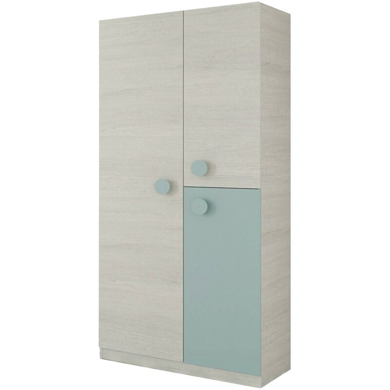 Dmora - Vestiaire Manchester, Armoire de chambre, Armoire à 3 portes et 3 étagères avec barre à vêtements, cm 90x52h200, Blanc et bleu sarcelle