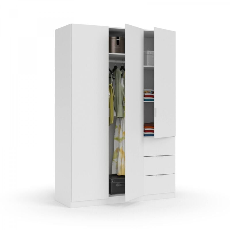 Dmora - Vestiaire Fullerton, Armoire de chambre à 3 portes et 3 tiroirs, Armoire avec 3 étagères et barre de cintre, cm 135x52h200, Blanc