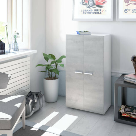 Dmora Armoire à usages multiples Norwalk, Meuble à chaussures avec 2 portes, Meuble bas avec 6 étagères, Meuble à chaussures bas moderne, cm 55x36h103, Blanc et Gris, avec emballage renforcé