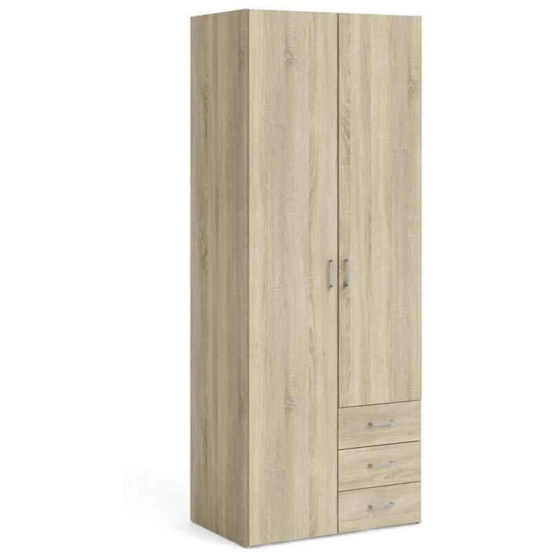 Dmora Armoire avec 2 portes battantes et tiroirs avec tringle à vêtements et étagères internes, Armoire moderne pour chambre à coucher, 77x50xh200