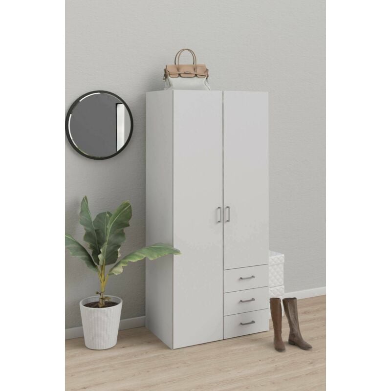 Dmora - Armoire avec deux portes battantes et trois tiroirs, couleur blanche, Dimensions 77 x 175 x 49 cm, avec emballage renforcé