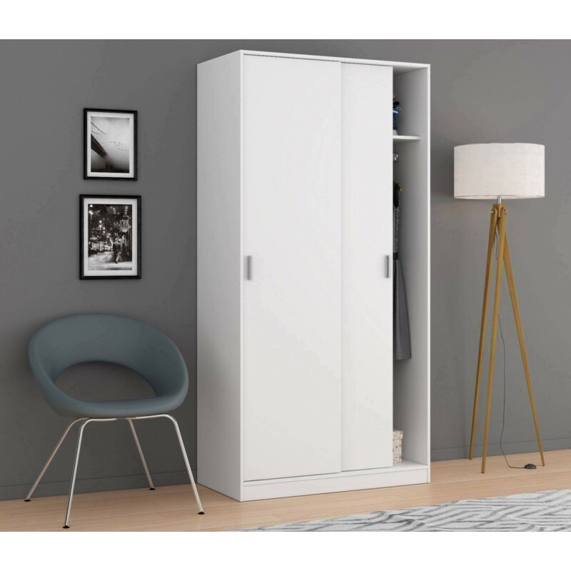 Dmora Vestiaire Lansing, Armoire de chambre à 2 portes coulissantes, Armoire avec étagère et barre de cintre, cm 100x50h200, Blanc, avec emballage