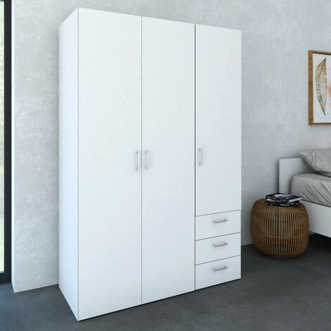 Dmora Armoire avec trois portes battantes et trois tiroirs, couleur blanche, Dimensions 115 x 175 x 49 cm, avec emballage renforcé