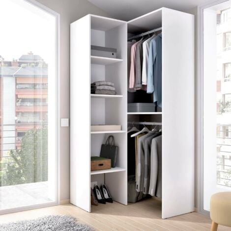 Dmora - Armoire Bernina, Structure pour dressing d'angle, Porte-manteau d'angle ouvert, 79x88h186 cm, Blanc