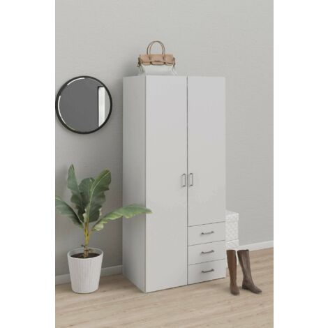 Dmora – Armoire blanche 2 portes battantes 3 tiroirs – Dimensions 77 x 175 x 49 cm – Matériau stratifié résistant aux chocs et rayures