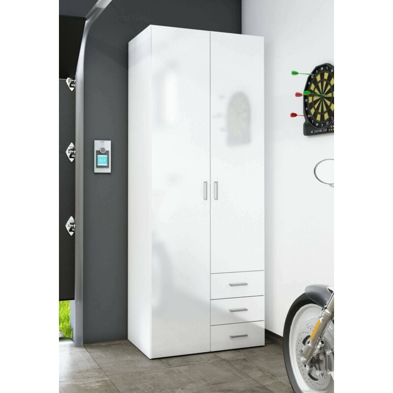 Dmora - Armoire blanche brillante avec deux portes et trois tiroirs, 77,6 x 200,4 x 49,5 cm, avec emballage renforcé