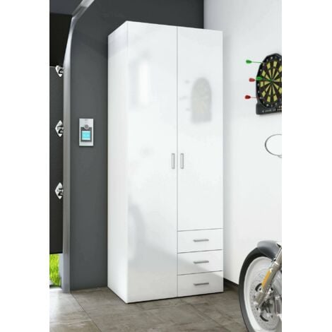 Dmora Armoire blanche brillante avec deux portes et trois tiroirs, 77,6 x 200,4 x 49,5 cm, avec emballage renforcé