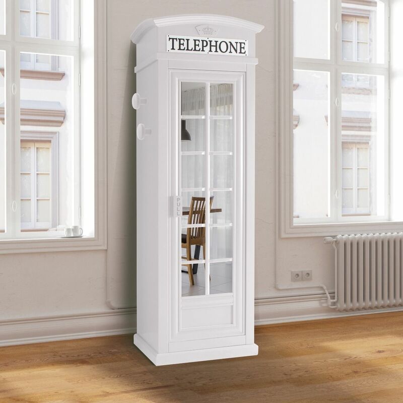 Dmora - Armoire 'cabine téléphonique de Londres' avec 3 étagères et porte miroir, Made in Italy, Armoire de chambre, cm 68x55h215, Couleur blanche,