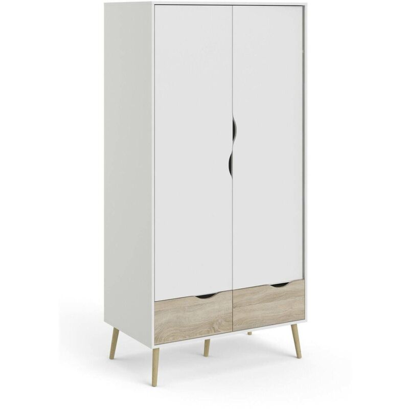 Dmora - Armoire à deux portes avec deux tiroirs, couleur blanc et chêne, 98 x 200 x 58 cm, avec emballage renforcé